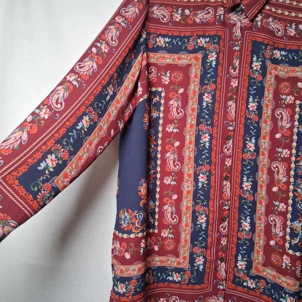 Dressbarn Blouse XL Maroon Blue Paisley Floral Tapestry Semi Sheer Long Sleeve - Picture 11 of 16